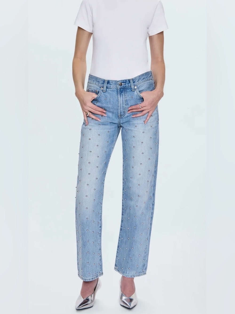 PISTOLA Studded Lexi Mid Rise Bowed Straight Jeans